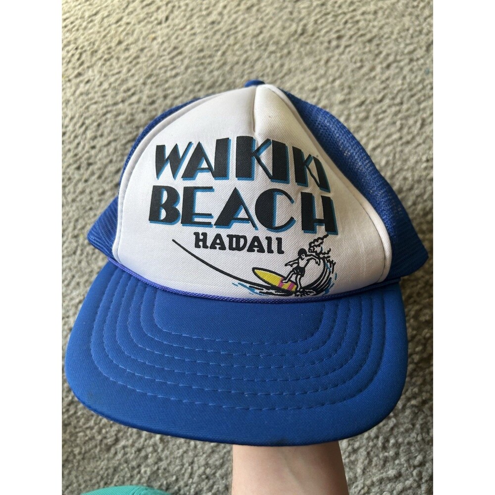 Wikiki Beach Hawaii Trucker Cap Hat Adult Snapback White Blue Poly Cotton